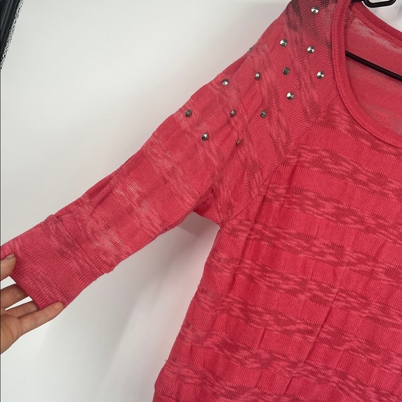 Coral Pink Knit Studded Scoop Neck 3/4 Sleeve Sweater - Picture 6 of 9